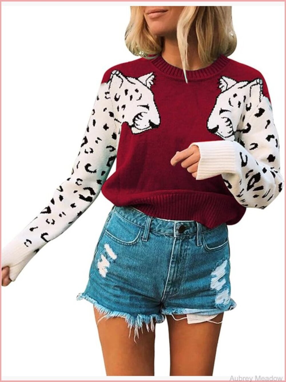 Long Sleeve Crew Neck Animal Print Knitted Pullover Sweater Tops